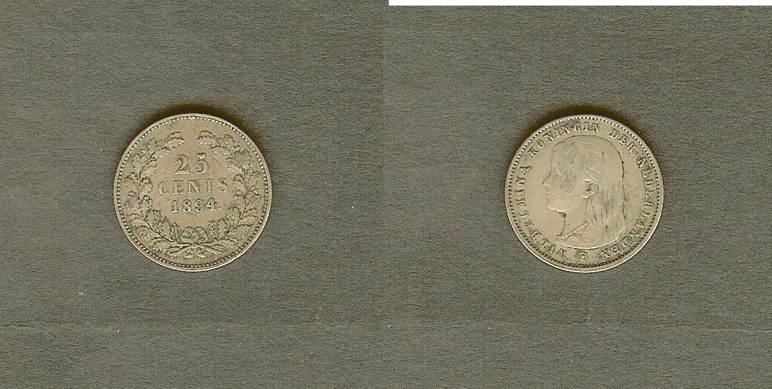 PAYS-BAS 25 Cents Wilhelmina 1894 Utrecht TTB+